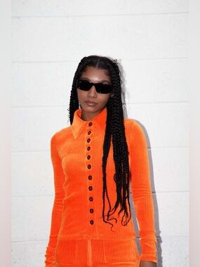 KkCo Scallop Button Up Stretch Long Sleeve Ribbed fitted Blouse Carrot Orange